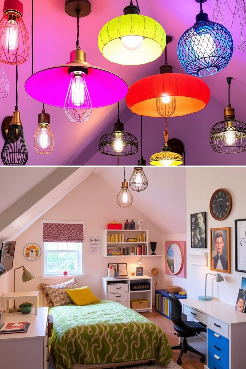 A collection of unique light fixtures that add personality to any space. These fixtures feature bold colors, intricate designs, and various materials, creating a vibrant atmosphere. A cozy attic room designed for a teenager, featuring a comfortable bed with colorful bedding. The space includes a study area with a stylish desk, shelves filled with books, and wall art that reflects their interests.