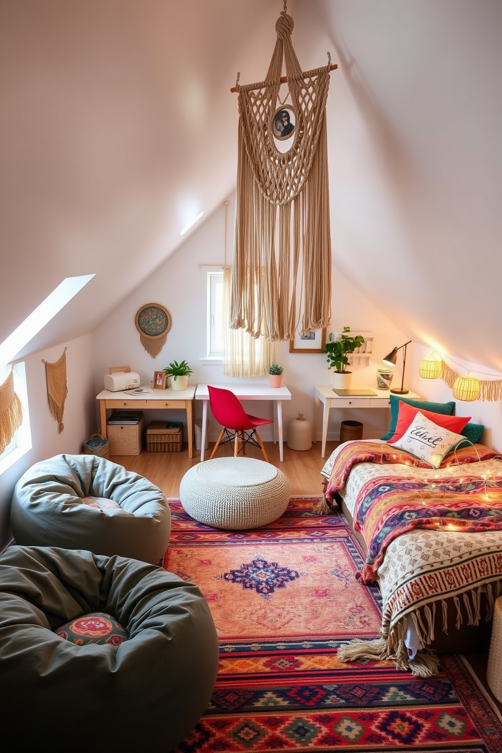 Chic bohemian decor with soft textiles. The room features a layered rug with vibrant patterns, complemented by an oversized macramé wall hanging. Teenager attic room design ideas. The space is filled with cozy bean bags, a desk for studying, and a bed adorned with colorful throw pillows and fairy lights for a whimsical touch.