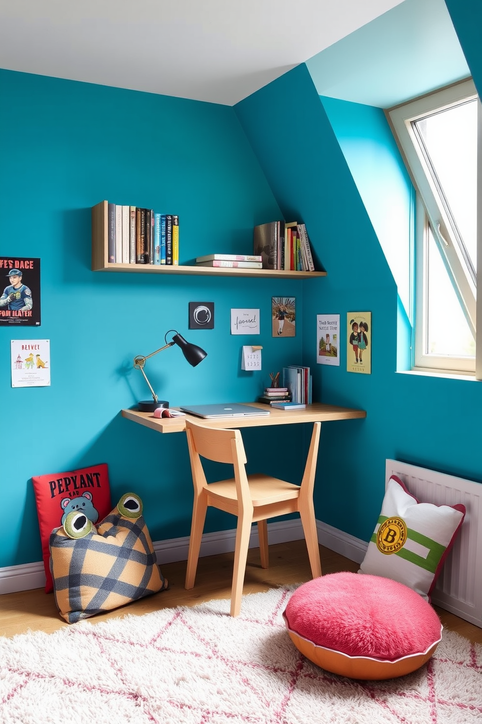 A modern wall-mounted desk is elegantly integrated into the sloped ceiling of a teenager's attic room, maximizing floor space while providing a stylish workspace. The desk features sleek shelving above for books and decorative items, with a comfortable chair tucked underneath, creating an inviting study nook. The room is adorned with vibrant wall colors and playful decor that reflects the teenager's personality, including posters and artwork. Cozy textiles like a plush rug and colorful cushions add warmth, while a large window allows natural light to flood the space, enhancing the overall ambiance.