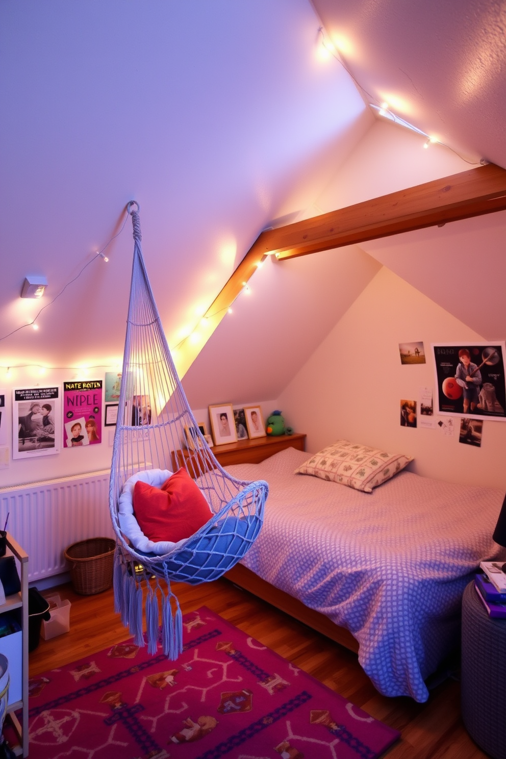 A cozy attic room designed for a teenager features a stylish hammock chair suspended from the sloped ceiling, creating a relaxed and inviting atmosphere. The walls are adorned with vibrant posters and fairy lights, while a comfortable bed is tucked under the eaves, complemented by a colorful rug on the wooden floor.