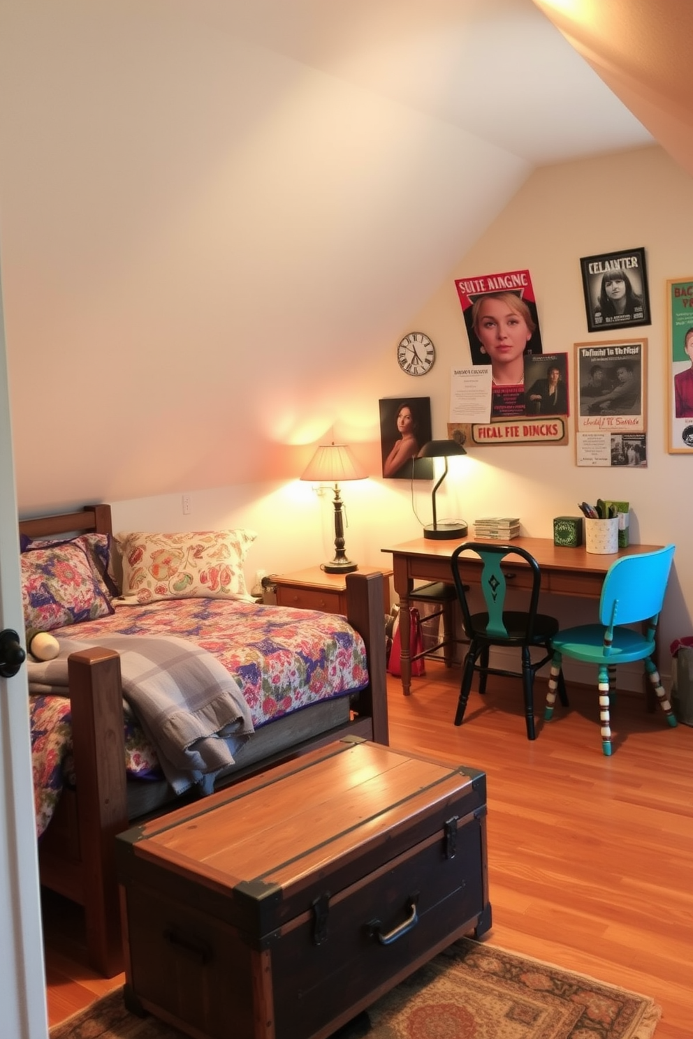 A cozy teenager's attic room designed with vintage furniture for a unique touch. The room features a reclaimed wood bed frame adorned with colorful patterned bedding, complemented by a vintage trunk at the foot of the bed for storage. A retro desk with an antique finish sits against a sloped wall, paired with a vibrant, mismatched chair that adds character to the space. Soft, ambient lighting from a stylish vintage lamp creates a warm atmosphere, while a collection of framed posters and personal artwork adorns the walls, reflecting the teenager's personality.