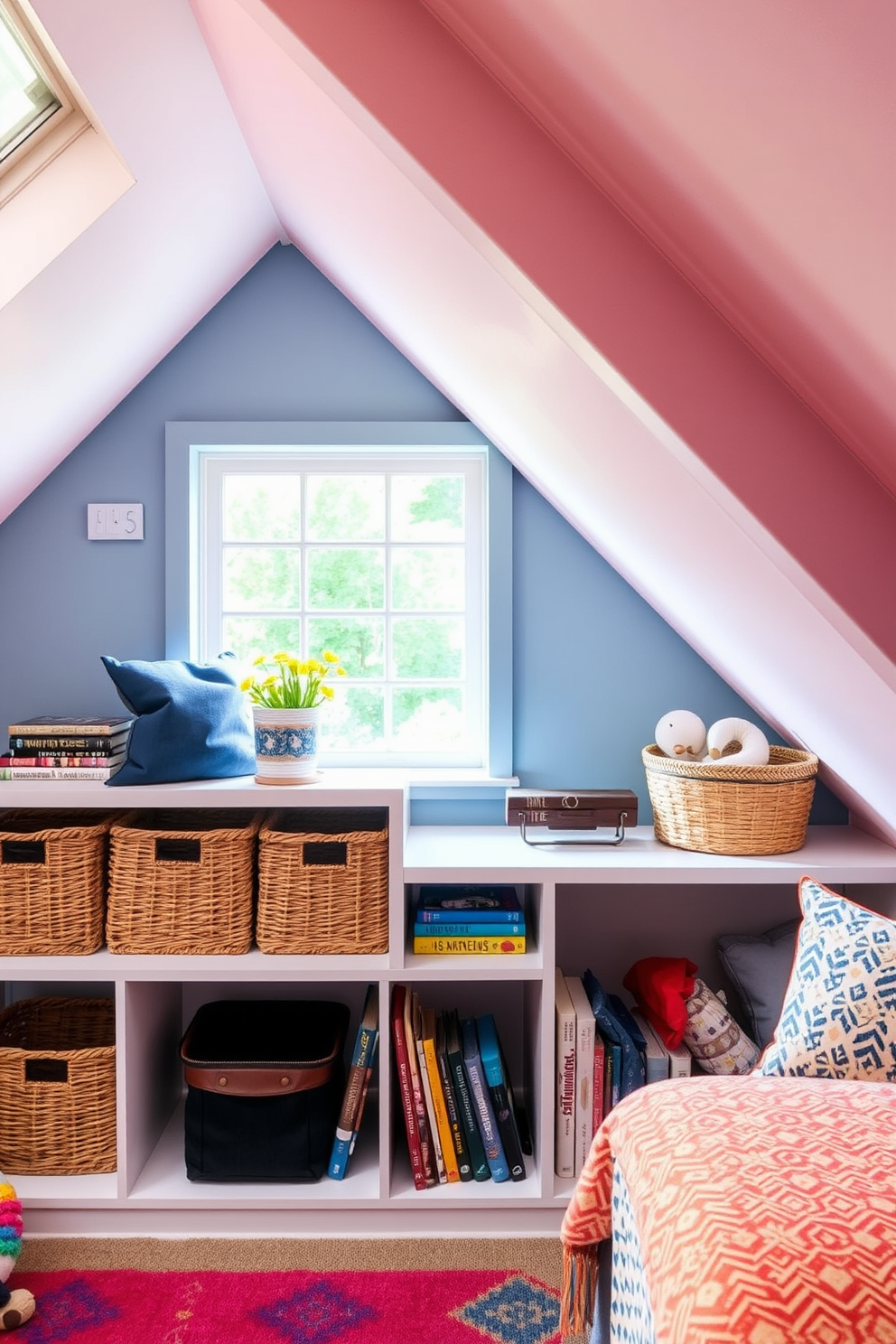 Creative storage solutions with baskets. Imagine a cozy attic room designed for a teenager, featuring sloped ceilings and large windows that let in natural light. In one corner, stylish woven baskets are neatly arranged on open shelves, providing ample storage for books and personal items. The room is decorated with vibrant colors and playful patterns, creating a fun and inviting atmosphere.