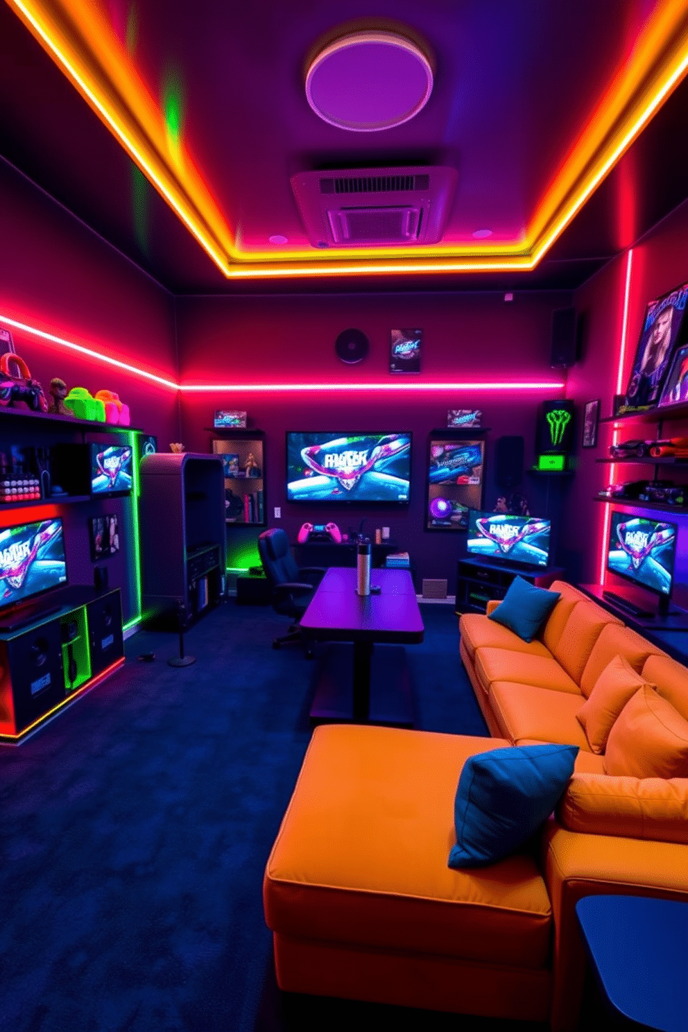 A dynamic teenager game room filled with energy and excitement. The walls are adorned with colorful neon lights that create a vibrant atmosphere, illuminating the space in a playful glow. A large sectional sofa in a bold color sits at the center, surrounded by a sleek gaming table and multiple screens for an immersive gaming experience. The floor is covered in a soft, dark carpet that absorbs sound, while shelves display gaming memorabilia and art.