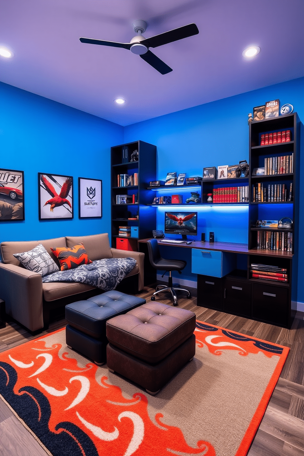 A stylish game room designed for a teenager, featuring multi-functional furniture to maximize space. The room includes a convertible sofa that transforms into a bed, a wall-mounted desk for gaming setups, and storage ottomans that double as seating. The color scheme is vibrant, with bright blue walls and a bold area rug that adds warmth. Shelving units are filled with games and books, while LED strip lights provide a dynamic atmosphere for gaming sessions.