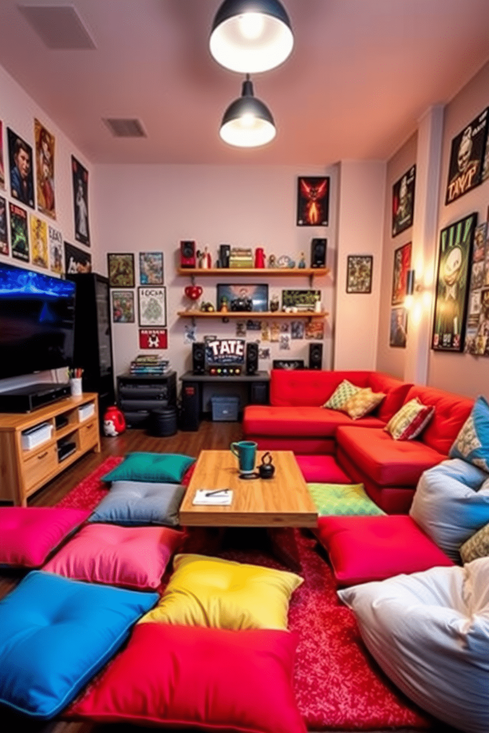 A cozy teenager game room features vibrant floor cushions scattered around a low coffee table, creating a casual lounging area. The walls are adorned with colorful posters and shelves filled with gaming memorabilia, while a large screen is mounted for an immersive gaming experience. The space includes a comfortable sectional sofa in a playful color, complemented by bean bags for additional seating. Warm lighting from stylish fixtures enhances the inviting atmosphere, making it the perfect hangout for friends.