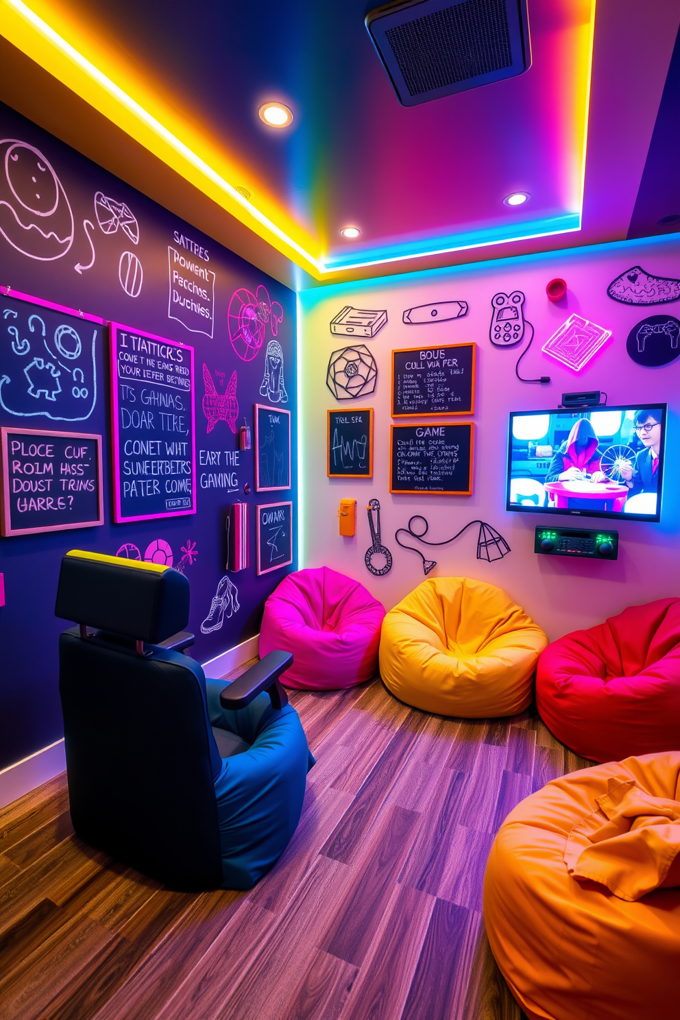 A vibrant game room designed for teenagers, featuring an interactive wall art installation that incorporates various games such as a chalkboard for drawing and a digital screen for video games. The room is filled with colorful bean bags and a cozy gaming chair, complemented by neon lighting that creates an energetic atmosphere.