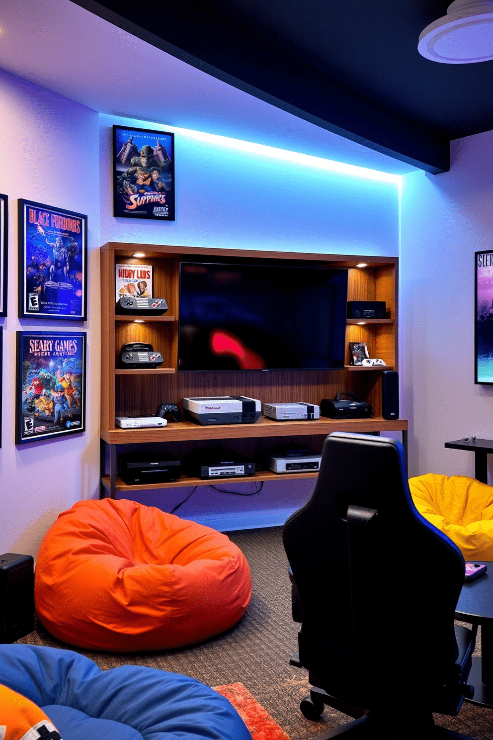 A vintage gaming console display area features a retro wooden shelf showcasing an array of classic consoles, including a Nintendo Entertainment System and Sega Genesis. The wall behind is adorned with framed posters of iconic video games, creating a nostalgic atmosphere that transports visitors back to the golden age of gaming. For the teenager game room design, the space is filled with vibrant colors and comfortable seating options, including bean bags and a sleek gaming chair. A large screen is mounted on the wall, complemented by ambient LED lighting that sets the perfect mood for gaming marathons with friends.