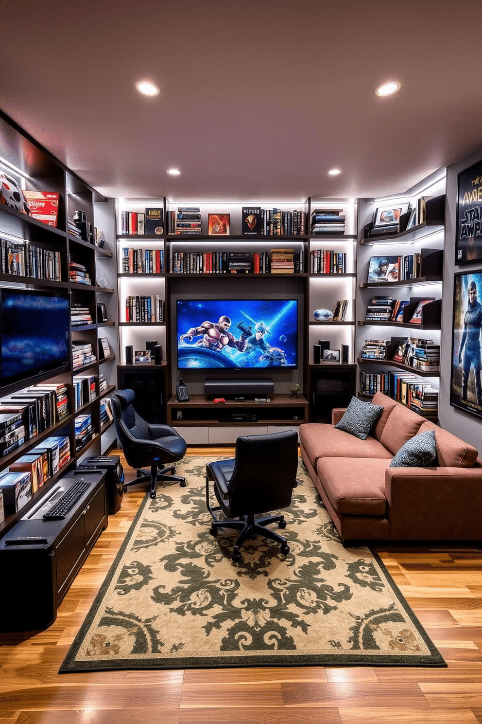 A modern game room featuring custom shelves designed for optimal game storage. The shelves are built into the walls, showcasing a variety of video games, board games, and collectibles, with LED strip lighting to highlight the collection. The room is decorated in vibrant colors, with a large comfortable sectional sofa and a gaming chair positioned in front of a big-screen TV. A stylish rug anchors the space, while posters of popular games adorn the walls, creating an immersive atmosphere for gaming enthusiasts.