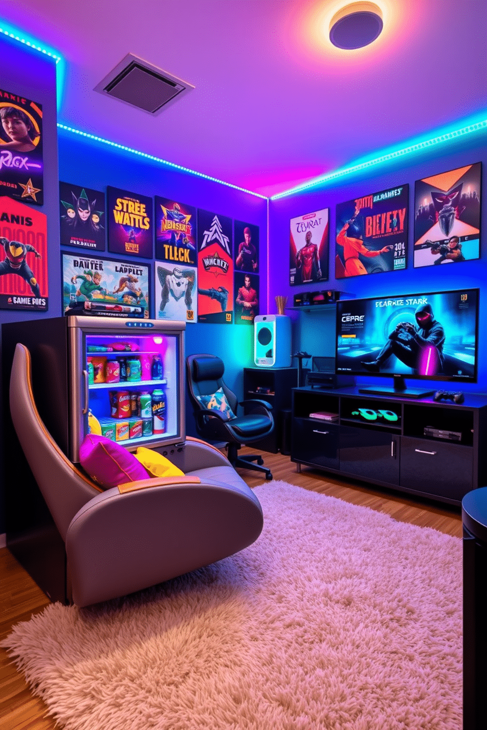 A vibrant teenager game room filled with energy and creativity. The focal point is a sleek mini fridge stocked with snacks and drinks, positioned next to a comfortable gaming chair with colorful cushions. The walls are adorned with posters of popular video games, and LED strip lights illuminate the space in dynamic colors. A large gaming console sits on a stylish media unit, complemented by a plush rug that adds warmth to the room.