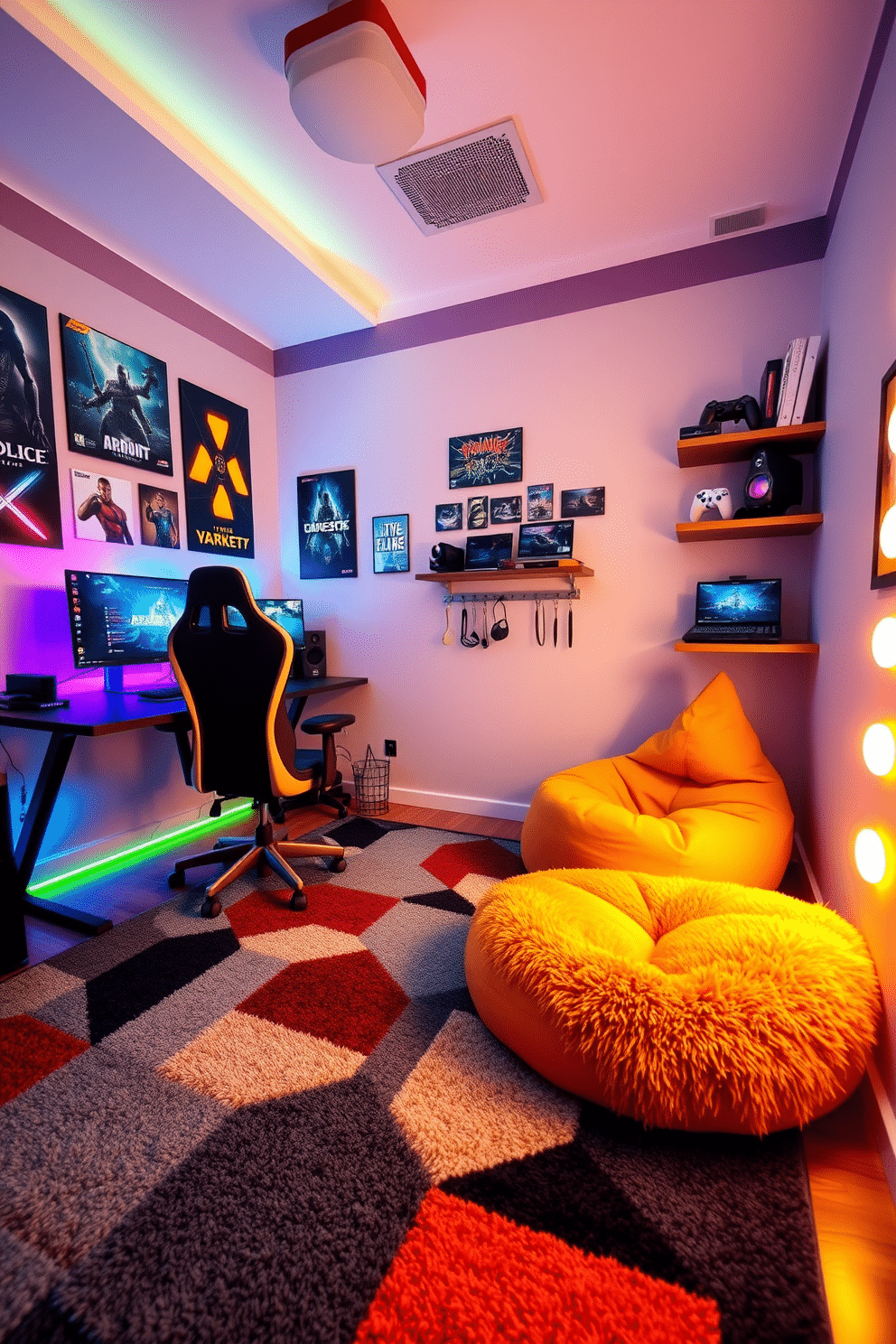 A vibrant gaming corner designed for a teenager, featuring a large, plush area rug in a geometric pattern that adds warmth and comfort. The room is equipped with a sleek gaming desk, a high-end gaming chair, and colorful LED lights that create an immersive atmosphere. The walls are adorned with posters of popular video games, and a wall-mounted shelf displays gaming consoles and collectibles. A cozy bean bag chair sits in the corner, inviting friends to gather and enjoy gaming sessions together.