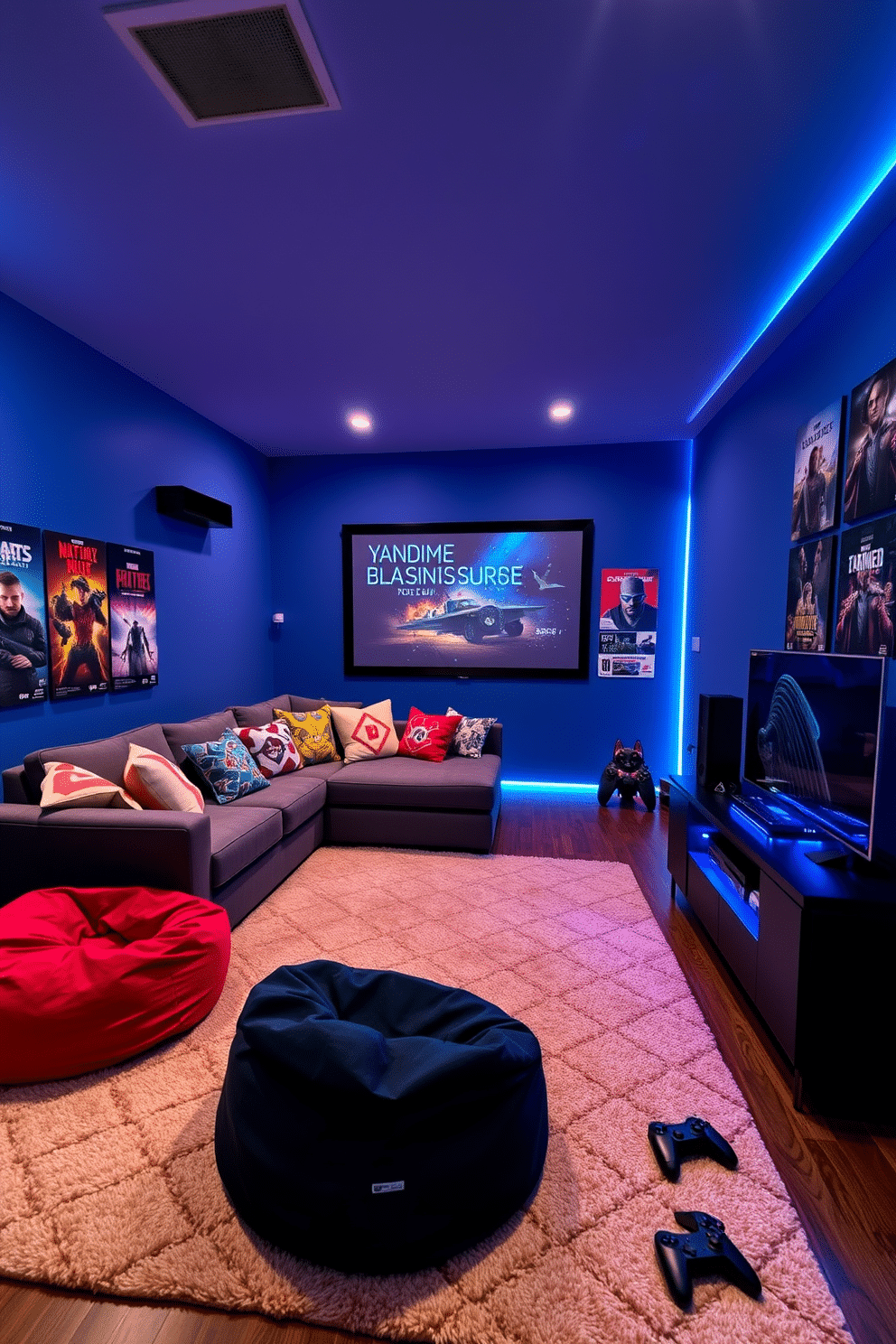 A cozy game room designed for teenagers, featuring a large projector screen mounted on a feature wall. The space includes a plush sectional sofa adorned with colorful throw pillows, and bean bags scattered on a soft area rug. The walls are painted in a vibrant blue hue, with posters of popular video games and movies decorating the space. A gaming console and a collection of controllers are neatly arranged on a modern media console, complemented by LED strip lighting for a dynamic atmosphere.