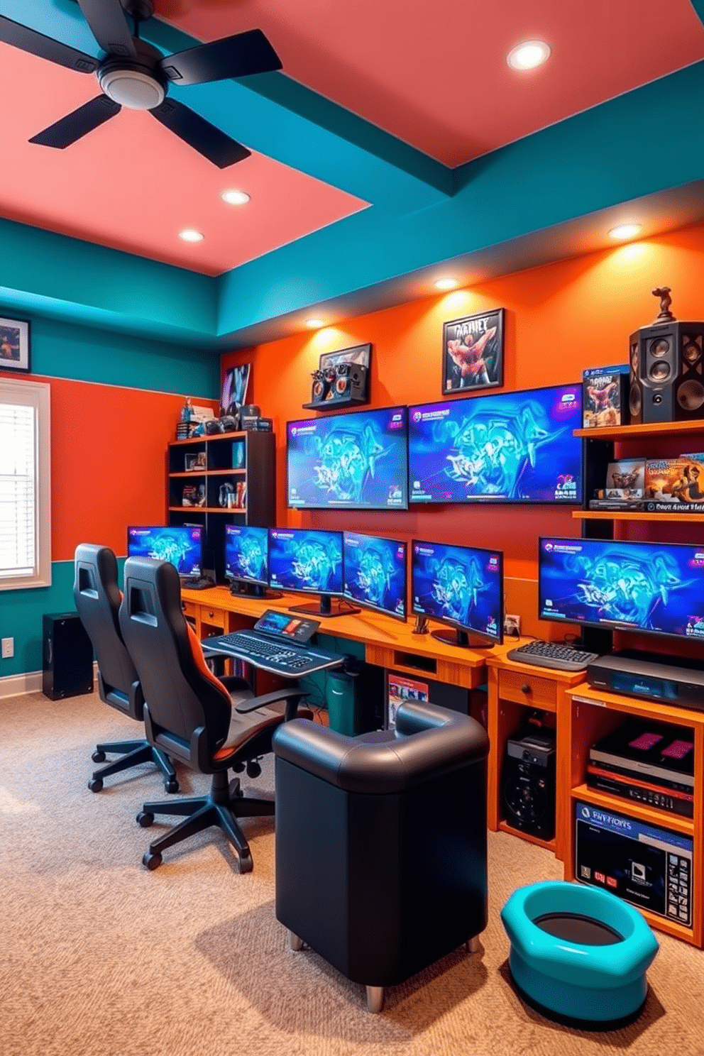 A vibrant teenager game room featuring brightly colored accent walls in shades of teal and orange. The space includes a large gaming setup with multiple screens, a comfortable gaming chair, and shelves filled with video games and collectibles.