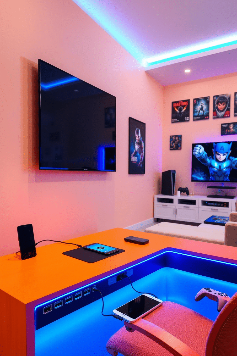 A modern tech charging station designed for a teenager's room. The station features multiple USB ports and wireless charging pads integrated into a sleek, minimalist desk with a vibrant color scheme. An engaging game room designed for teenagers, featuring a large sectional sofa and a wall-mounted flat-screen TV. The room is accented with neon lighting, gaming posters, and a dedicated area for tabletop games and consoles.