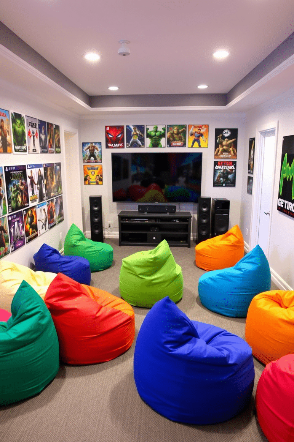 A vibrant teenager game room featuring colorful bean bag chairs scattered throughout for cozy seating. The walls are adorned with posters of popular video games, and a large flat-screen TV is mounted opposite a sleek gaming console setup.