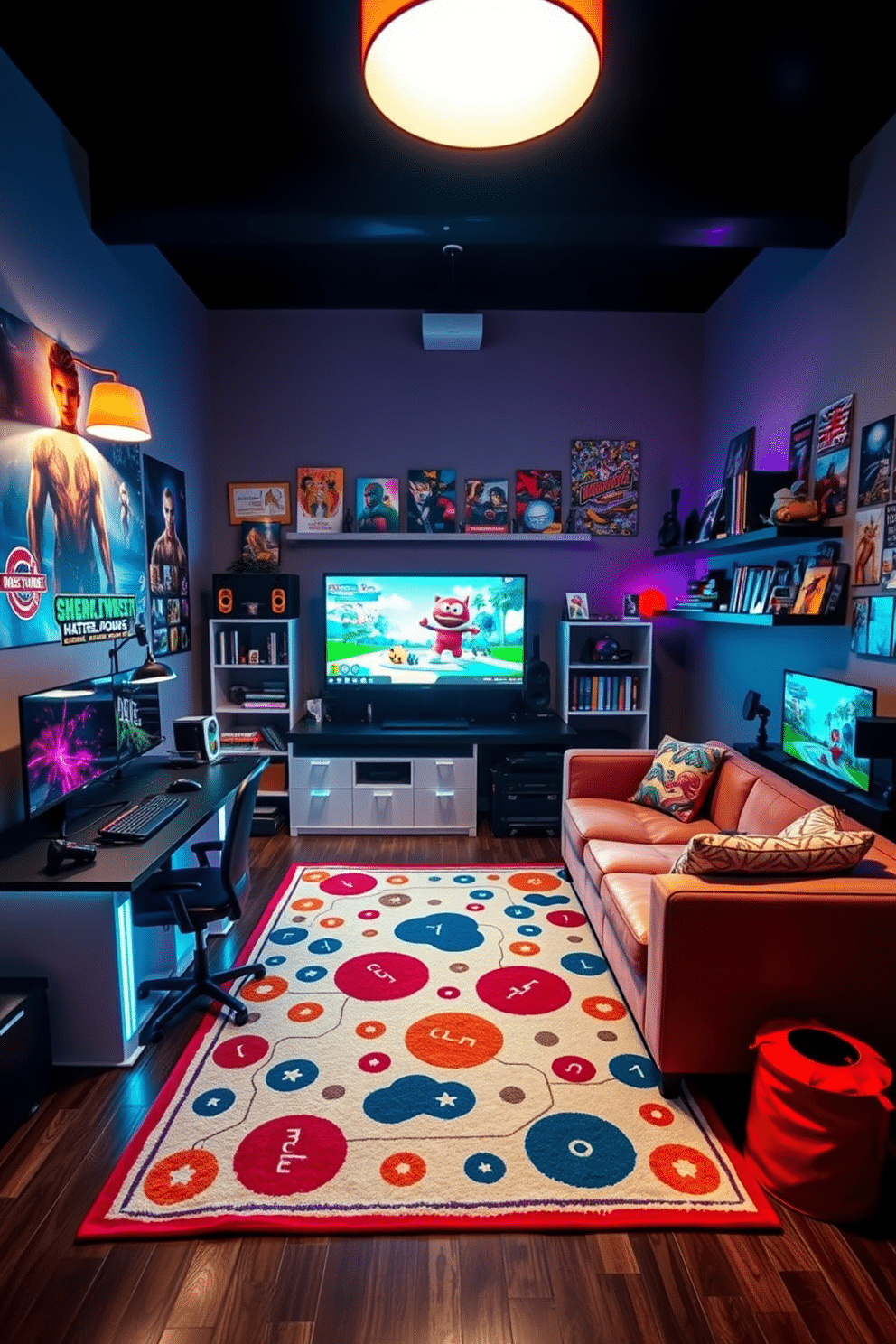 A vibrant teenager game room features creative lighting with stylish floor lamps that illuminate the space in a playful manner. The walls are adorned with colorful posters, and a cozy sectional sofa is positioned in front of a large screen for gaming. The room includes a sleek gaming desk with multiple monitors, surrounded by shelves filled with games and collectibles. A rug with a fun design anchors the seating area, creating a welcoming atmosphere for friends to gather and play.