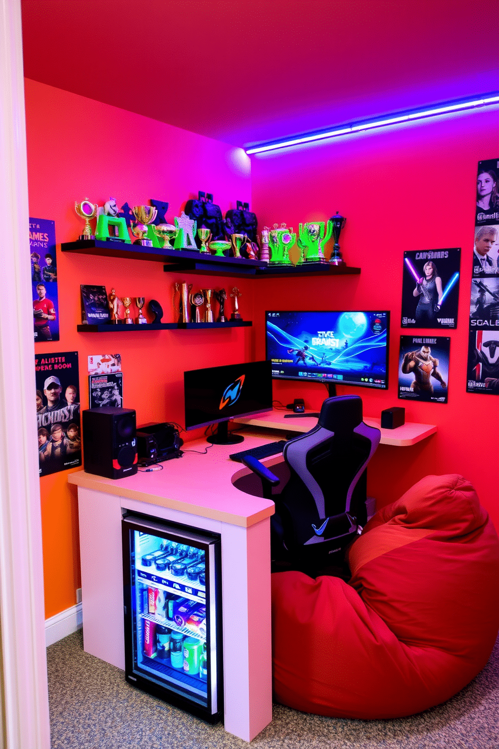 A dynamic game room designed for a teenager, featuring a wall-mounted shelf displaying an array of gamer trophies and achievements. The space is filled with vibrant colors, with a large gaming desk positioned in front of a high-resolution monitor and comfortable gaming chair. The walls are adorned with posters of popular video games and LED strip lighting that changes colors to match the gaming vibe. A cozy bean bag chair sits in one corner, and a mini-fridge stocked with snacks and drinks adds to the fun atmosphere.