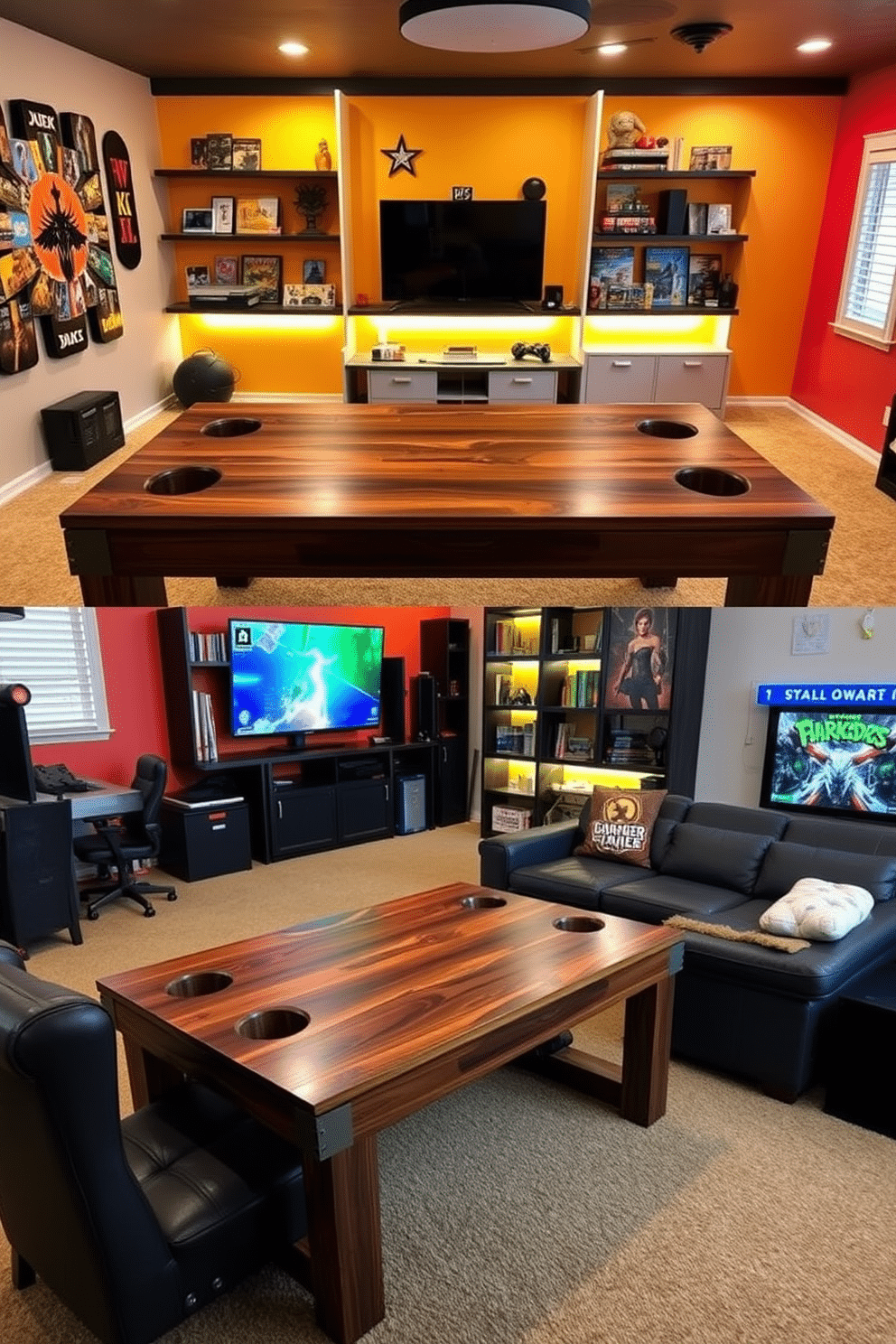 A DIY gaming table designed for tabletop games features a sturdy wooden frame with a smooth, dark-stained finish. The tabletop is large enough to accommodate multiple players, with built-in cup holders and storage compartments for game pieces. The teenager game room is vibrant and energetic, showcasing a mix of bold colors and modern furniture. A comfortable sectional sofa faces a large screen, while shelves are filled with games, collectibles, and a dedicated gaming station with stylish lighting.