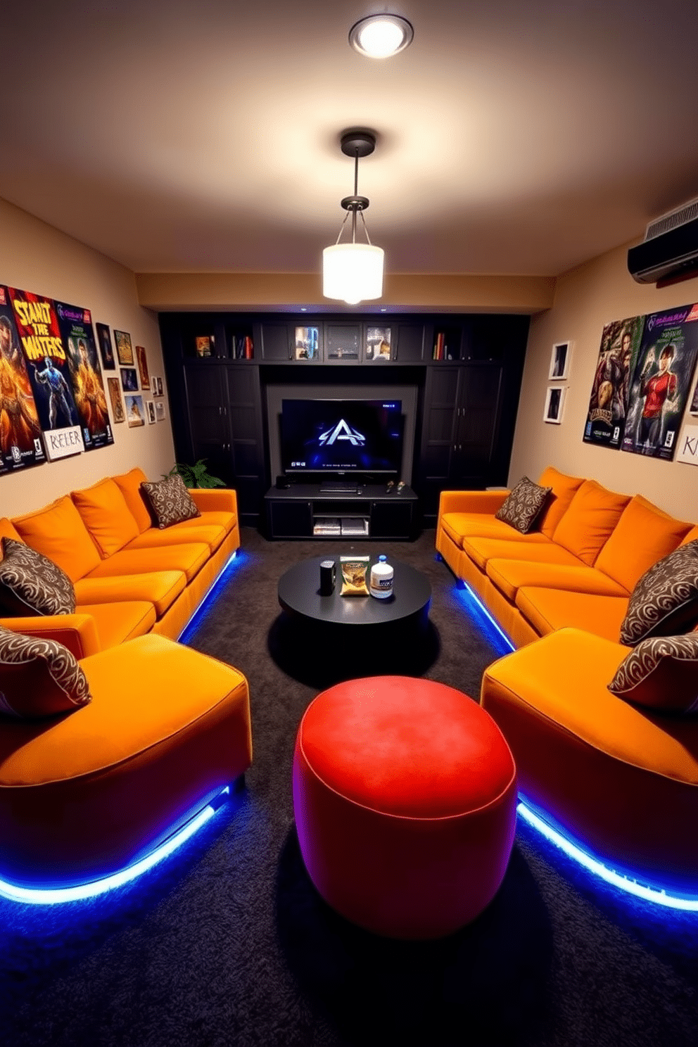 A cozy game room designed for teenagers features a large sectional sofa in a vibrant color, surrounded by plush ottomans for additional seating. The walls are adorned with colorful artwork and posters, while a sleek gaming console is set up on a modern media unit, creating an inviting atmosphere for socializing and gaming. The flooring is a soft, dark carpet that adds warmth to the space, complemented by LED strip lighting along the edges for a fun, dynamic look. A round coffee table in the center holds snacks and drinks, making it the perfect hangout spot for friends to gather and enjoy their favorite games.