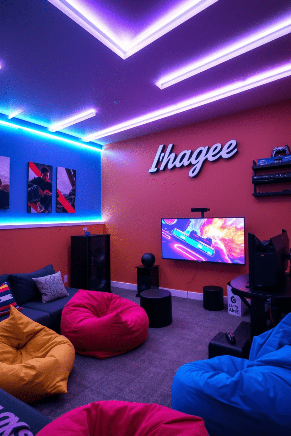 A vibrant teenager game room featuring a personalized name sign prominently displayed on the wall. The room is filled with cozy seating options, colorful bean bags, and a large gaming console setup, complemented by LED strip lighting that creates an energetic atmosphere.