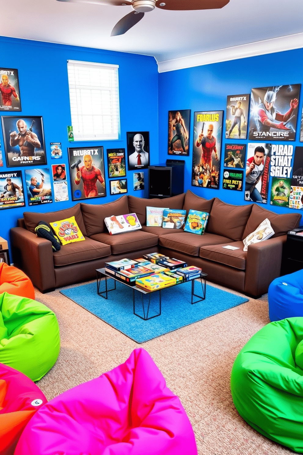 A vibrant teenager game room filled with interactive board games. The walls are painted in a lively blue, adorned with posters of popular games and gaming characters. In the center, a large, comfortable sectional sofa surrounds a low coffee table covered with various board games. Brightly colored bean bags are scattered around for additional seating, creating a casual and inviting atmosphere.