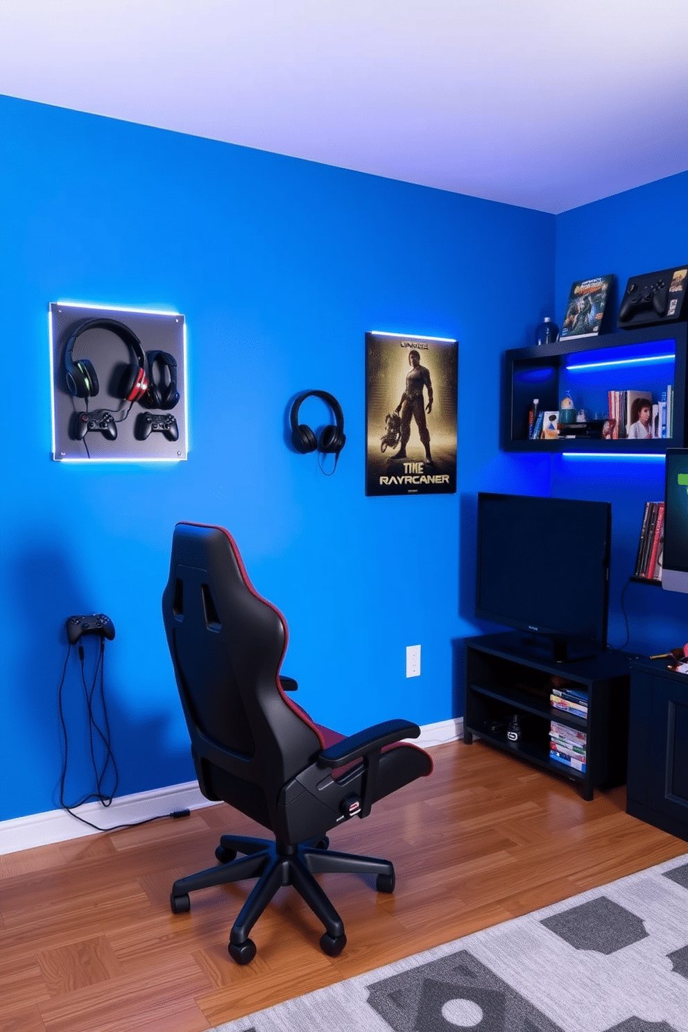 A vibrant teenager's game room features wall-mounted racks for headphones and controllers, designed in a sleek, modern style. The walls are painted in a bold blue hue, with LED strip lighting that creates an energetic ambiance throughout the space. A comfortable gaming chair is positioned in front of a large screen, while a stylish rug in geometric patterns adds warmth to the hardwood floor. Shelves lined with collectibles and gaming paraphernalia complete the look, making it a perfect retreat for any young gamer.