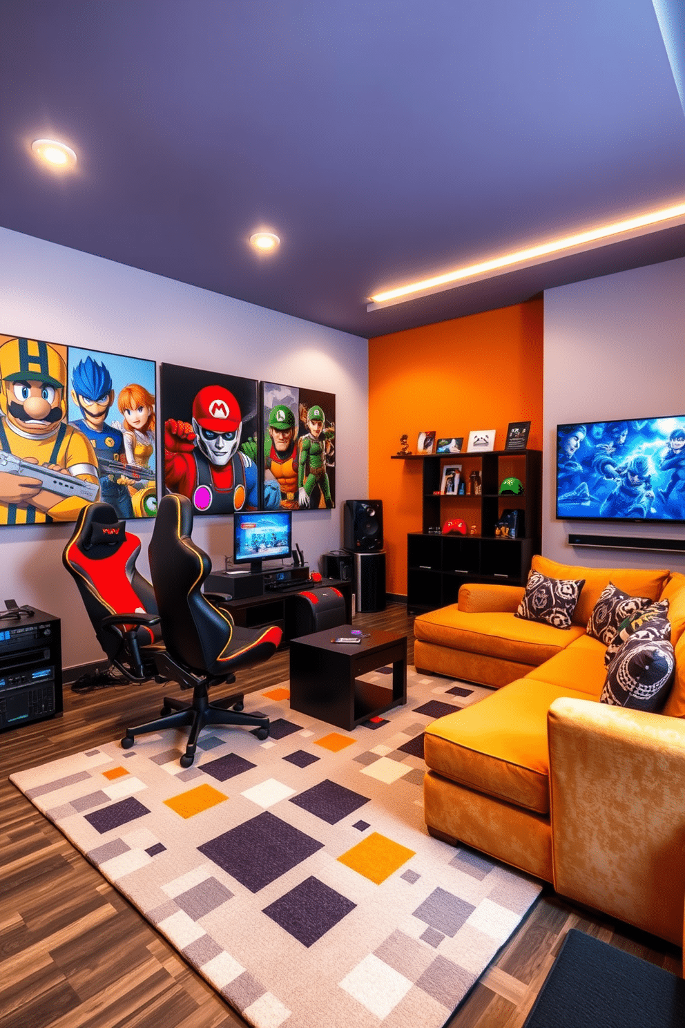 A vibrant teenager's game room featuring bold gaming-themed textiles. The walls are adorned with colorful wall art depicting popular video game characters, while the furniture includes a sleek gaming chair and a large sectional sofa covered in plush, graphic-print fabric. The room is equipped with a state-of-the-art gaming console and a large flat-screen TV mounted on the wall. A stylish area rug with pixelated designs anchors the space, and shelves filled with gaming memorabilia add a personal touch.