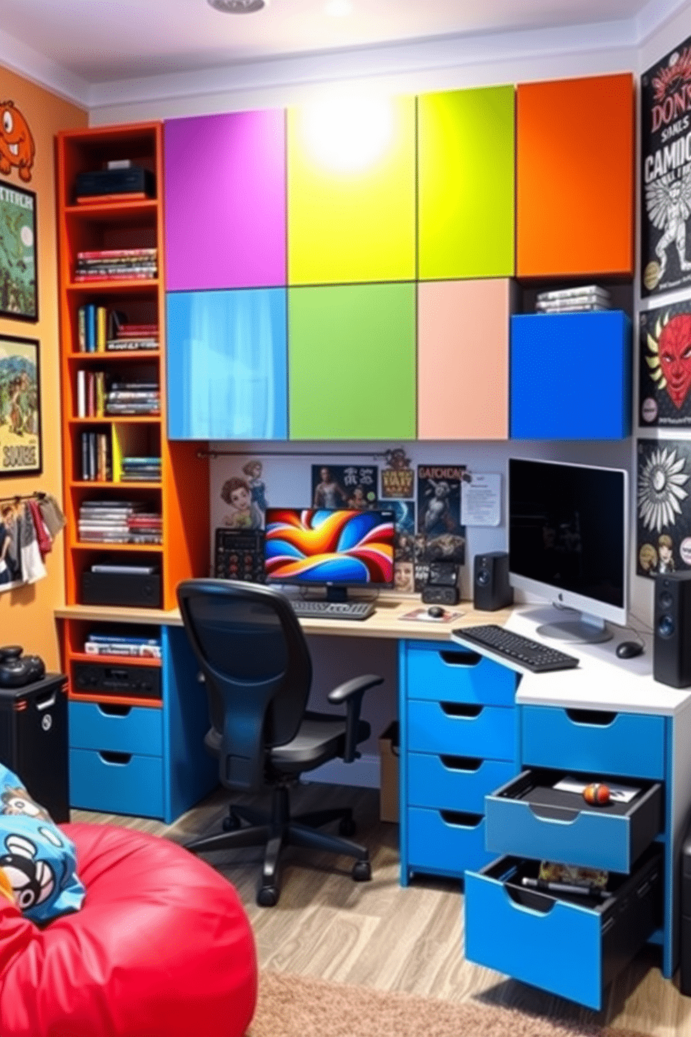 A vibrant teenager game room filled with fun and functional storage solutions. The room features a large, wall-mounted shelving unit in bright colors, housing games, books, and collectibles, while a cozy bean bag area invites relaxation and play. In one corner, a multi-functional gaming desk is equipped with a sleek computer setup and ample drawer space for organizing accessories. The walls are adorned with dynamic artwork and posters, creating an energetic atmosphere that reflects the teenager's personality.