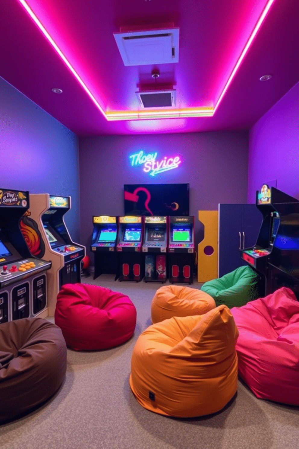 A vibrant teenager game room filled with arcade game machines creates an exciting entertainment space. The walls are painted in bold colors, with neon lights accentuating the playful atmosphere. In the center of the room, several classic arcade machines stand side by side, inviting friends to compete. A comfortable seating area with bean bags and a large screen for console gaming completes the fun environment.