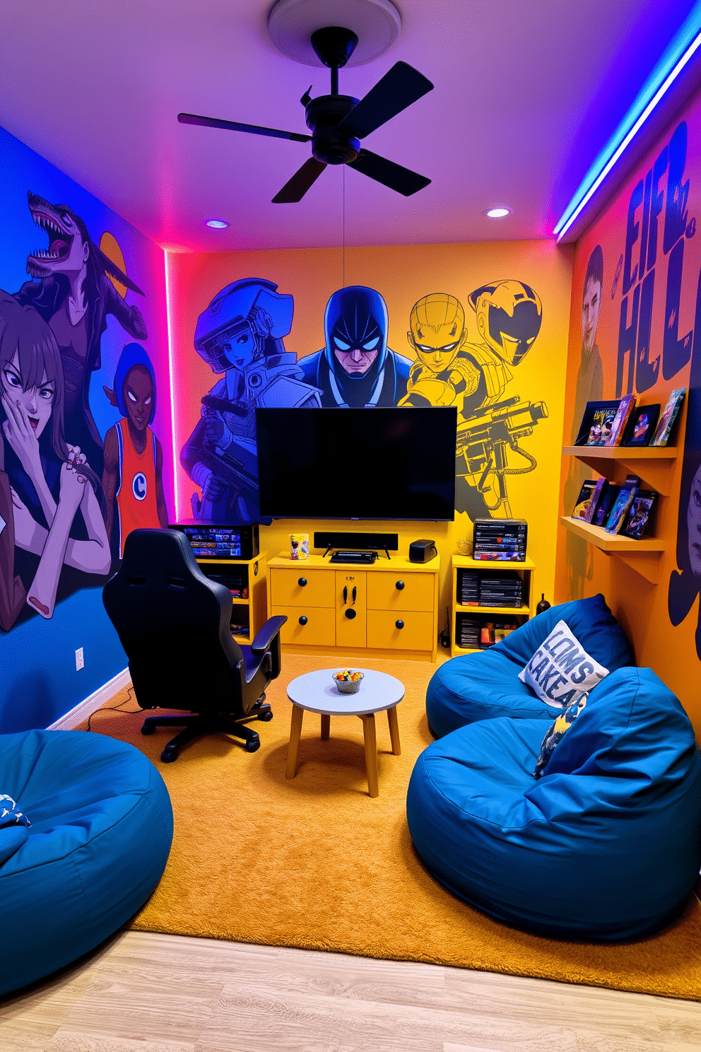 A vibrant game room designed for teenagers, featuring artistic wall decals that reflect popular character themes from video games and movies. The walls are painted in a bold color, and a comfortable gaming chair is positioned in front of a large screen, creating an immersive gaming experience. The room includes a cozy lounge area with bean bags and a small table for snacks, adorned with playful decor elements. Shelves display collectibles and game titles, while LED strip lights add a dynamic ambiance to the space.