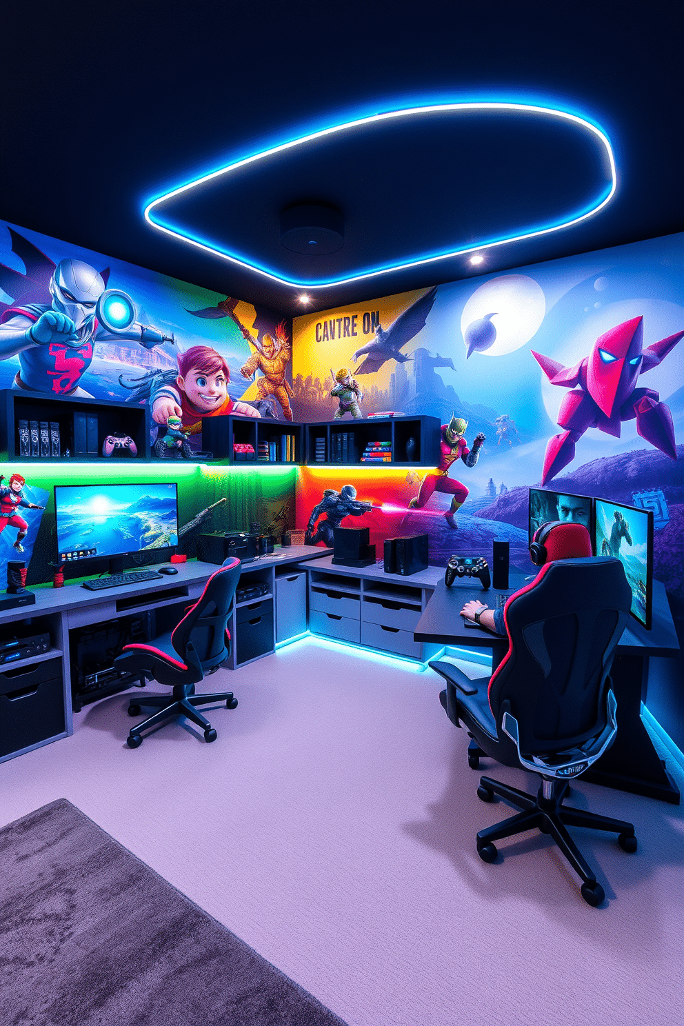 A vibrant game room designed for a teenager, featuring wall murals that showcase their favorite video games. The space includes a cozy gaming chair, a sleek desk with multiple monitors, and shelves filled with game consoles and collectibles. The walls are adorned with colorful, large-scale murals of iconic game characters and scenes, creating an immersive atmosphere. Soft LED lighting accents the room, enhancing the gaming experience while providing a comfortable ambiance for relaxation and socializing.