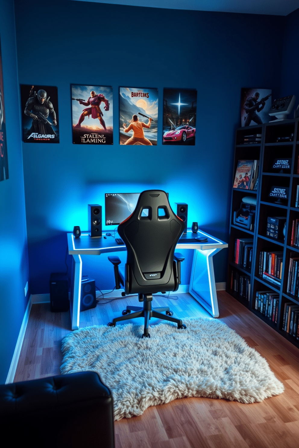 A modern gaming desk with an ergonomic chair sits in the center of the room, designed for comfort during long gaming sessions. The desk features built-in LED lighting, and a large monitor is mounted on the wall above it, creating an immersive gaming experience. The walls are painted in a deep blue hue, accented with posters of favorite video games and characters. A plush area rug in front of the desk adds warmth, while shelves filled with gaming memorabilia and books line one side of the room.