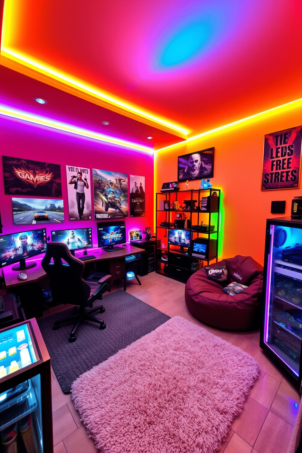 A vibrant teenager's game room filled with colorful LED strip lighting that highlights the walls and ceiling, creating an energetic atmosphere. The space features a large gaming setup with multiple screens, a comfortable gaming chair, and a stylish bean bag corner for relaxation. The walls are adorned with posters of popular video games, while a sleek, modern shelving unit displays gaming consoles and collectibles. A plush area rug adds warmth to the room, and a mini-fridge stocked with snacks completes this ultimate gaming retreat.