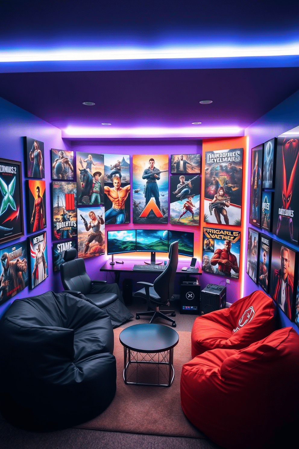 A vibrant game room filled with posters of favorite video games, showcasing iconic characters and immersive landscapes. The walls are painted in a bold color, creating an energetic atmosphere, while LED strip lighting adds a modern touch. In one corner, a sleek gaming desk holds a high-performance computer setup, complete with dual monitors and a comfortable gaming chair. A cozy lounge area features bean bags and a small coffee table, perfect for friends to gather and enjoy gaming sessions together.