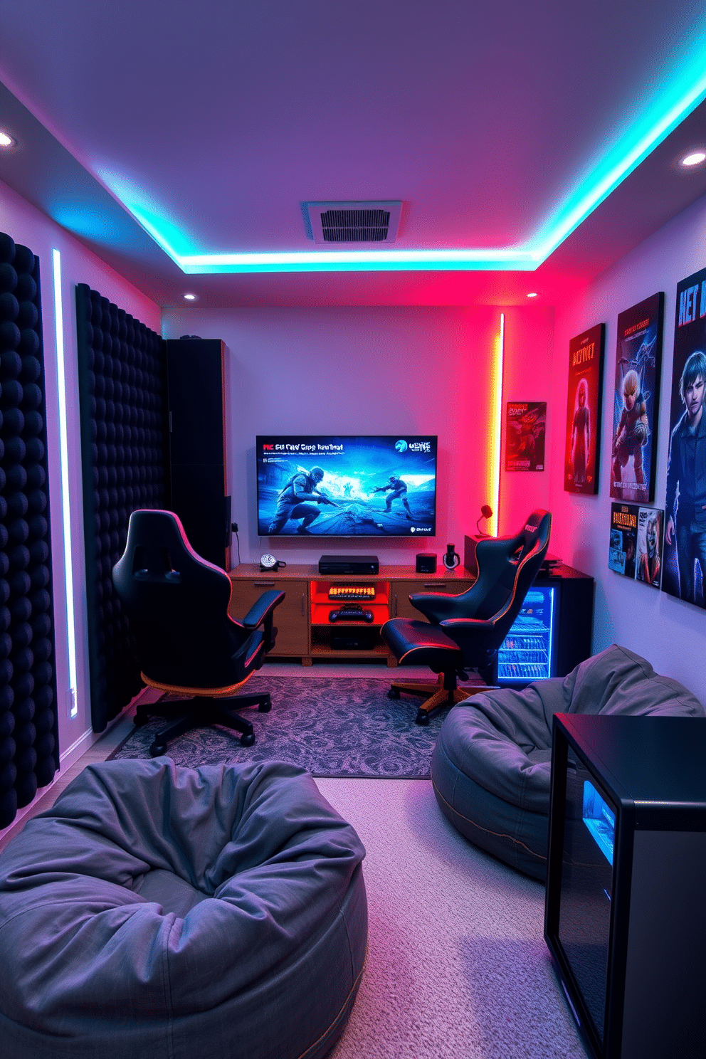 A modern teenager's game room designed for immersive gameplay features soundproof walls to enhance the gaming experience. The room is equipped with a large flat-screen TV, a comfortable gaming chair, and ambient LED lighting that changes colors based on the game being played. The decor includes posters of popular video games and a sleek gaming console setup on a stylish media unit. Plush bean bags are scattered around for friends to relax, and a mini-fridge stocked with snacks adds to the convenience and fun atmosphere.