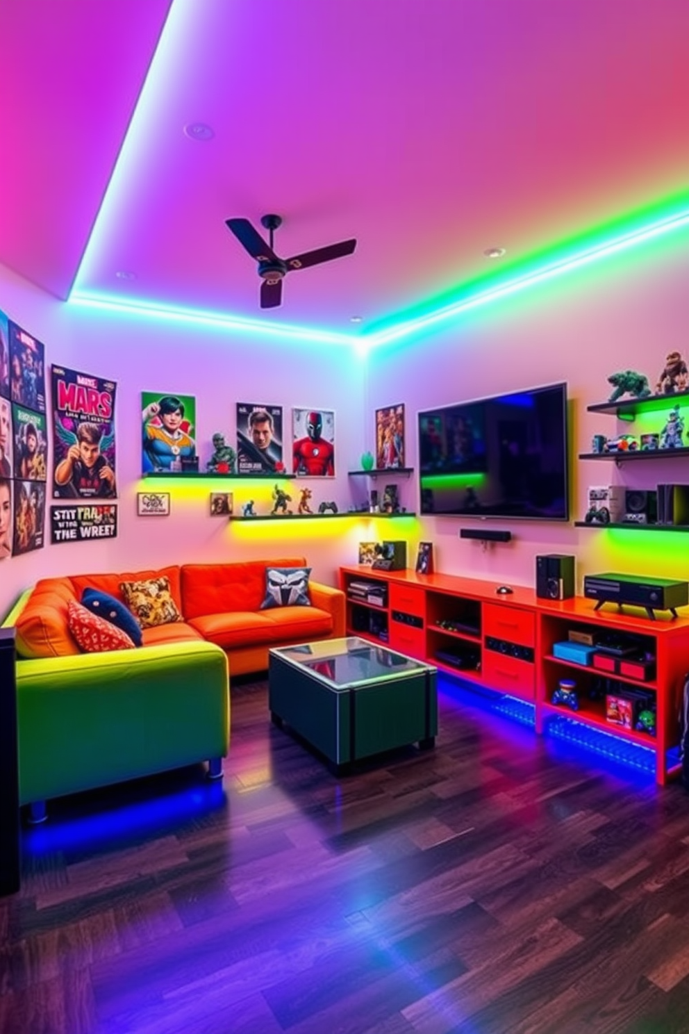 A vibrant game room designed for teenagers, featuring walls adorned with posters from popular franchises like Marvel and Star Wars. The room includes a comfortable sectional sofa in bright colors, a large flat-screen TV mounted on the wall, and shelves filled with collectibles and gaming consoles. The flooring is a dark, durable laminate that contrasts with the colorful decor. Accent lighting in the form of LED strips highlights the shelves and creates an energetic atmosphere, perfect for gaming and hanging out with friends.