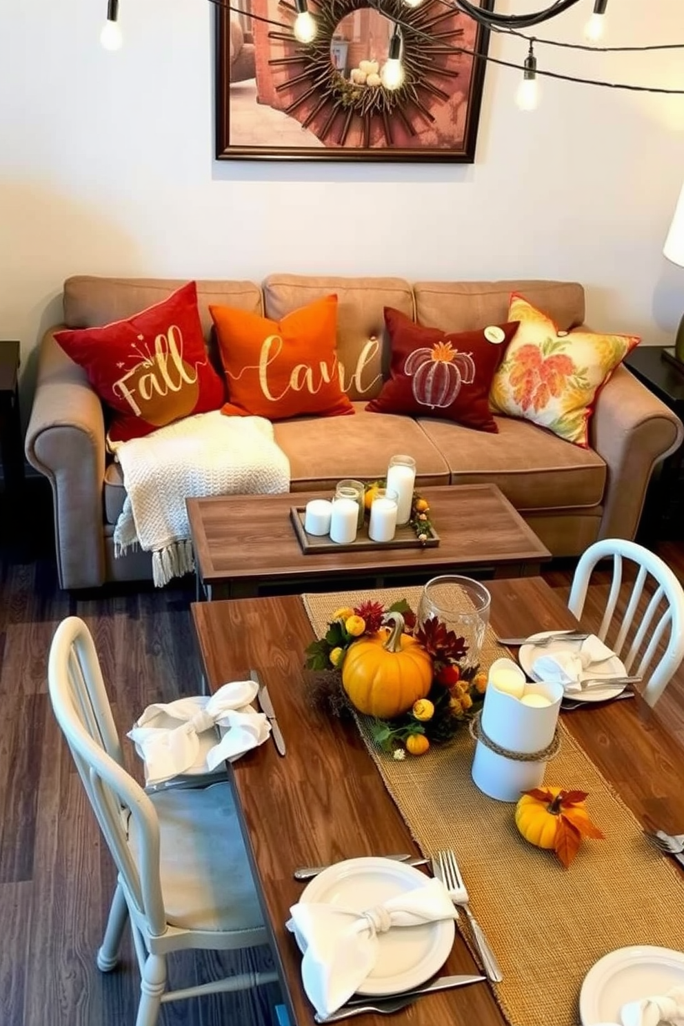 Cozy fall-themed throw pillows are arranged on a plush couch, featuring warm colors like burnt orange, deep red, and golden yellow. The couch is adorned with a soft, knitted throw blanket, and a small wooden coffee table in front holds a pumpkin centerpiece and candles. Thanksgiving apartment decorating ideas include a beautifully set dining table with a rustic table runner, seasonal flowers, and elegant dinnerware. Surrounding the table, mismatched chairs create a welcoming atmosphere, while string lights overhead add a warm glow for evening gatherings.