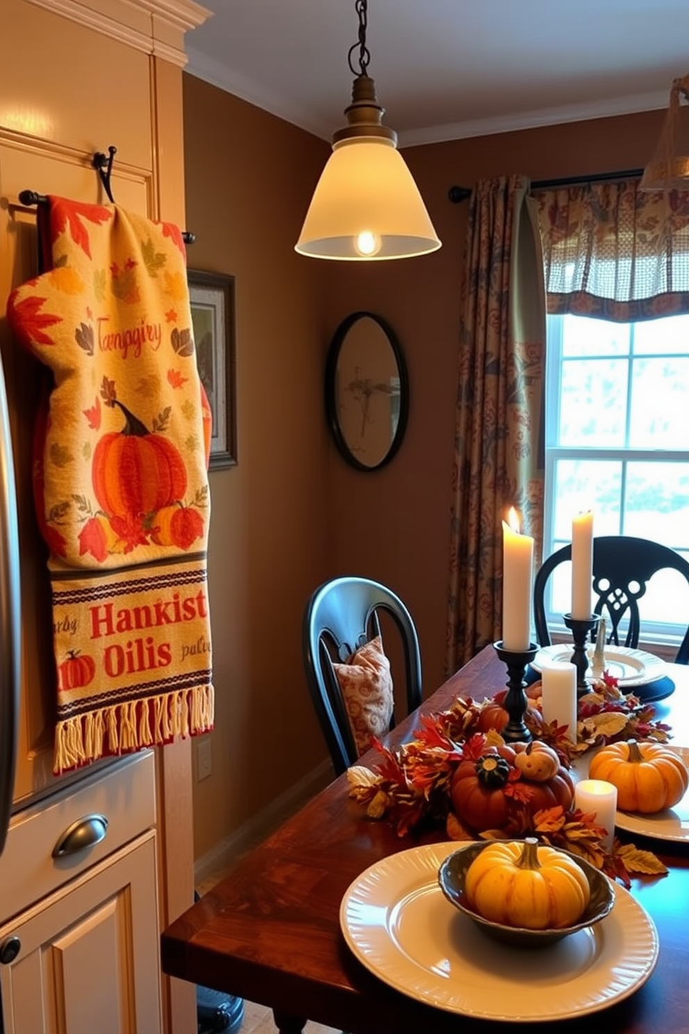 A cozy kitchen adorned with harvest-themed towels and mitts. The towels feature vibrant autumn colors and patterns of pumpkins and leaves, adding a festive touch to the space. The dining area showcases a beautifully set table with seasonal decorations. Centerpieces of gourds and candles create a warm and inviting atmosphere for Thanksgiving gatherings.