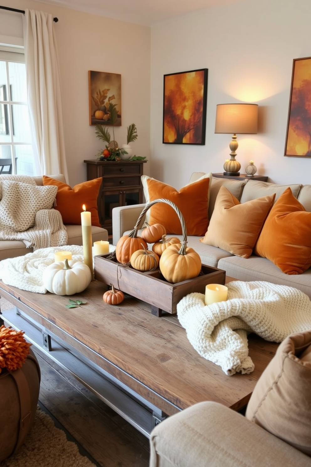 A cozy apartment living room decorated for Thanksgiving. Decorative baskets filled with gourds are placed on a rustic wooden coffee table, surrounded by soft throw blankets and seasonal candles. The walls are adorned with warm autumn-colored artwork. Plush cushions in shades of orange and gold are scattered on a comfortable sofa, creating an inviting atmosphere.