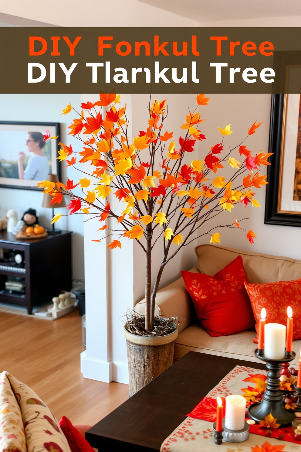 A DIY thankful tree stands in the corner of a cozy apartment, adorned with vibrant paper leaves in shades of orange, yellow, and red. The tree is placed in a rustic pot filled with twigs, creating a warm and inviting centerpiece for Thanksgiving celebrations. Surrounding the tree, the apartment features seasonal decorations that evoke a festive spirit. Soft throw pillows in autumn colors are scattered on a plush sofa, and a table is elegantly set with a harvest-themed tablecloth and candles for a welcoming atmosphere.