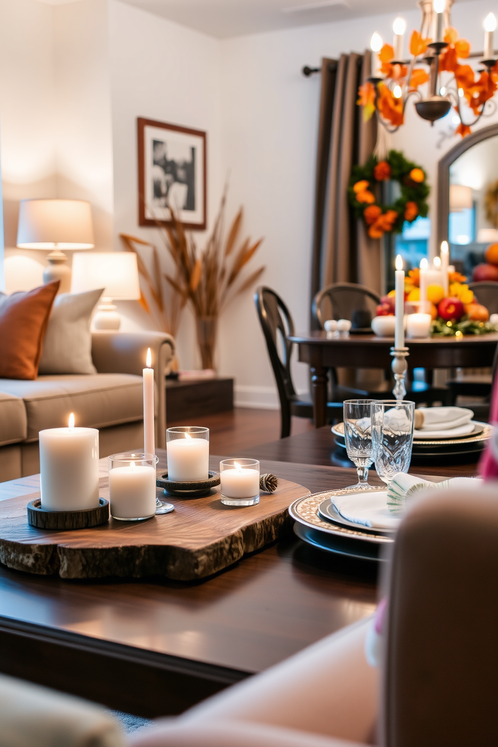 A warm and inviting living room filled with cinnamon-scented candles placed strategically on a rustic wooden coffee table. Soft, ambient lighting casts a gentle glow, enhancing the cozy atmosphere perfect for relaxation. A festive dining area adorned with autumn-themed decorations for Thanksgiving. A beautifully set table features a centerpiece of seasonal fruits and flowers, complemented by elegant tableware and flickering candlelight.