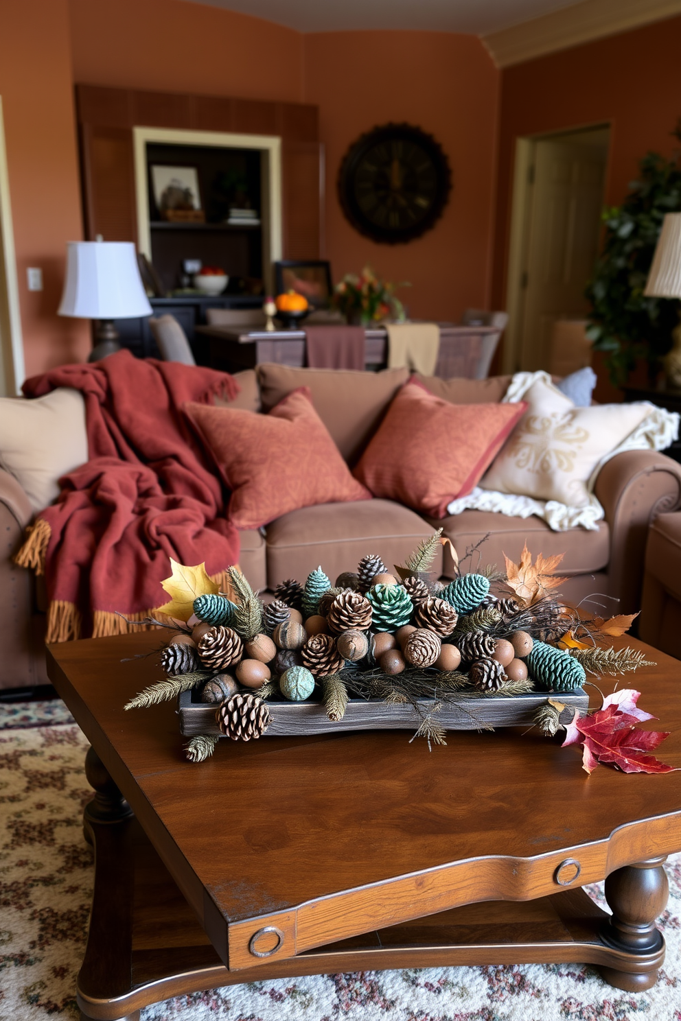 A cozy living room adorned with natural elements like pinecones and acorns. The coffee table is decorated with a rustic centerpiece featuring a mix of pinecones, acorns, and seasonal foliage. The walls are painted in warm earth tones, complementing the rich textures of the furniture. Soft throw blankets and cushions in autumn colors are scattered across the sofa, inviting relaxation and comfort.