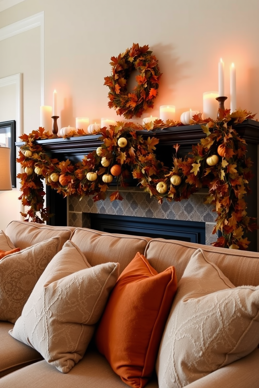 A cozy living room adorned with a Thanksgiving-themed garland draped elegantly across the mantel. The garland is filled with autumn leaves, small pumpkins, and golden accents, creating a warm and inviting atmosphere. The mantel is complemented by flickering candles in various heights, casting a soft glow throughout the room. Plush throw pillows in rich oranges and browns are arranged on a comfortable sofa, enhancing the festive decor.