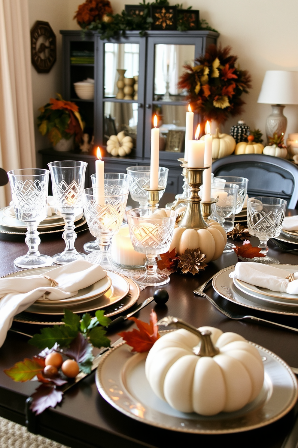 A collection of vintage-inspired glassware is elegantly arranged on a beautifully set dining table. The glassware features intricate patterns and soft pastel colors, reflecting warm candlelight for an inviting atmosphere. Cozy and festive decorations transform the apartment for Thanksgiving. Natural elements like pumpkins and autumn leaves are combined with warm textiles to create a welcoming and stylish environment.