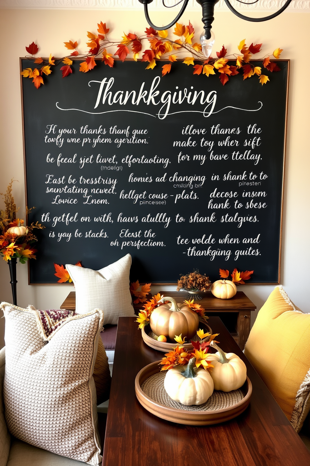 A charming chalkboard displays a collection of heartfelt Thanksgiving quotes in elegant script. The backdrop features warm autumn colors with decorative leaves and pumpkins surrounding the chalkboard. The apartment is adorned with cozy Thanksgiving decorations, including a rustic dining table set with seasonal centerpieces. Soft throw pillows in rich, earthy tones add a welcoming touch to the living space.