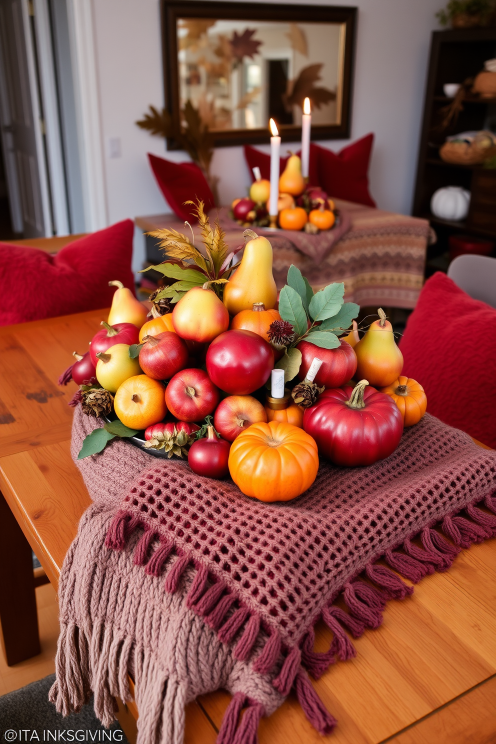 A beautifully arranged seasonal fruit display is set on a rustic wooden dining table. The vibrant colors of apples, pears, and pomegranates contrast with the warm tones of the table, creating a welcoming atmosphere. For Thanksgiving, the apartment is adorned with rich autumn colors and textures. Plush throw pillows in deep reds and oranges complement a cozy knitted blanket draped over the sofa, while a centerpiece of pumpkins and candles adds a festive touch.