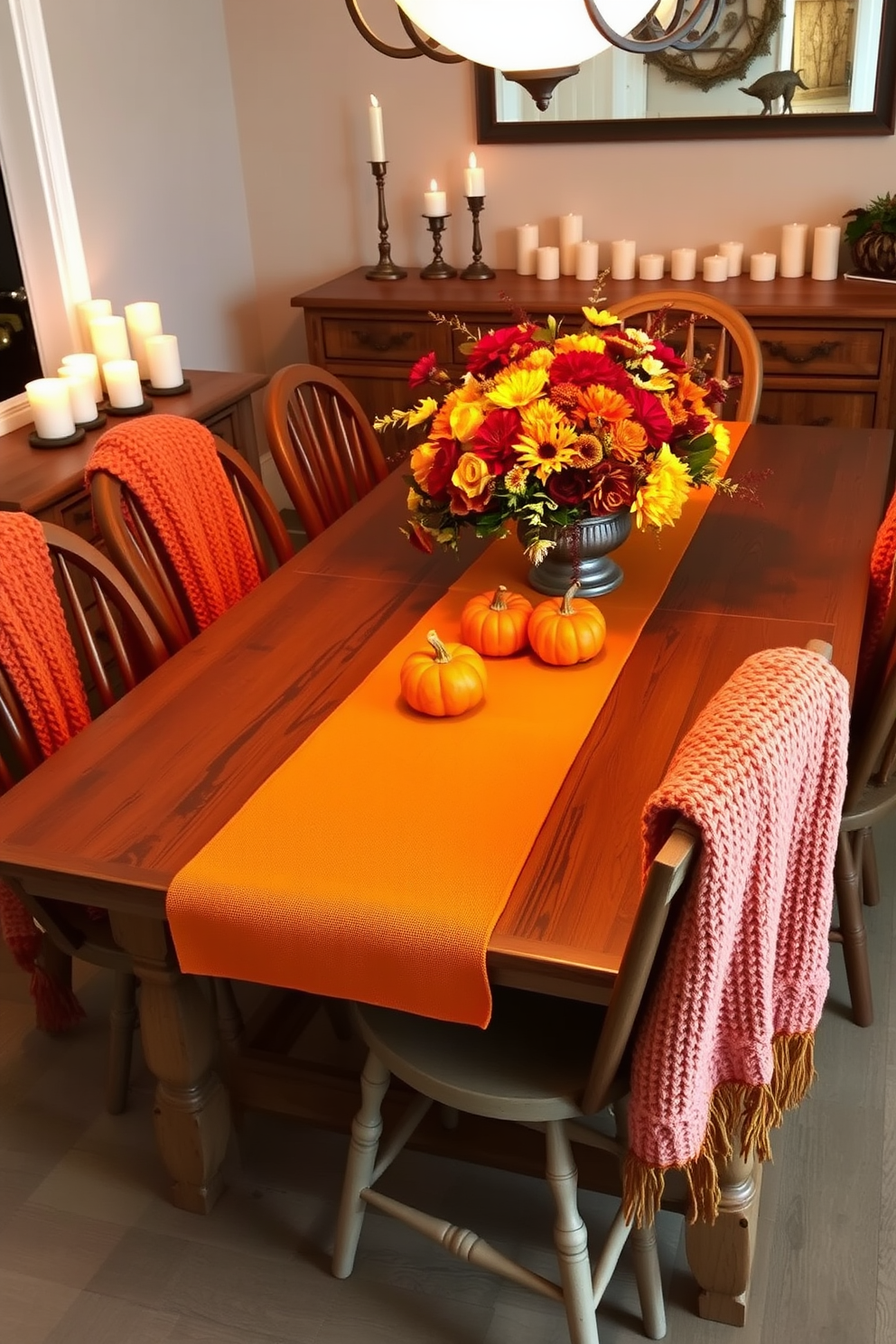 A warm-toned table runner adorned with small pumpkins stretches across a rustic wooden dining table. Surrounding the table are mismatched chairs, each draped with cozy knitted throws in autumn hues. On the sideboard, a collection of candles in varying heights flickers softly, casting a warm glow throughout the space. A centerpiece of seasonal flowers in rich oranges and deep reds adds a vibrant touch to the overall decor.