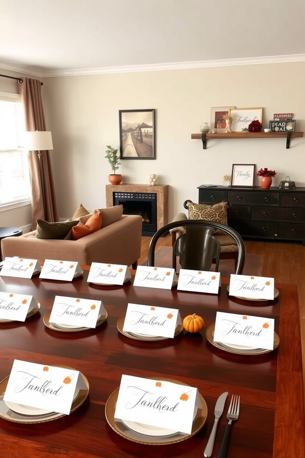 Elegant place cards for each guest. Each card is designed with a delicate script font and adorned with a small seasonal motif, such as a pumpkin or autumn leaf. Thanksgiving apartment decorating ideas. The living area features a warm color palette with rich oranges and deep browns, complemented by a rustic wooden dining table set for a festive meal.