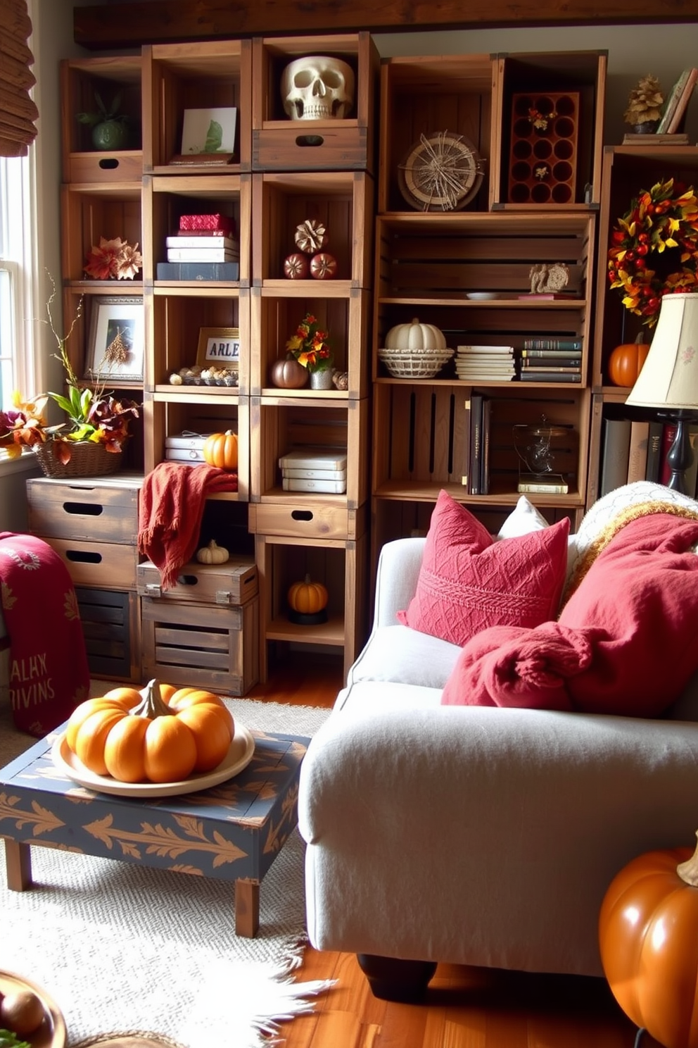 Wooden crates are arranged creatively as decorative accents throughout the space. They serve both functional and aesthetic purposes, providing storage while enhancing the rustic charm of the apartment. For Thanksgiving, the apartment is adorned with warm autumn colors and festive decorations. Cozy throw blankets and pillows in rich hues complement the wooden crates, creating an inviting atmosphere for gatherings.