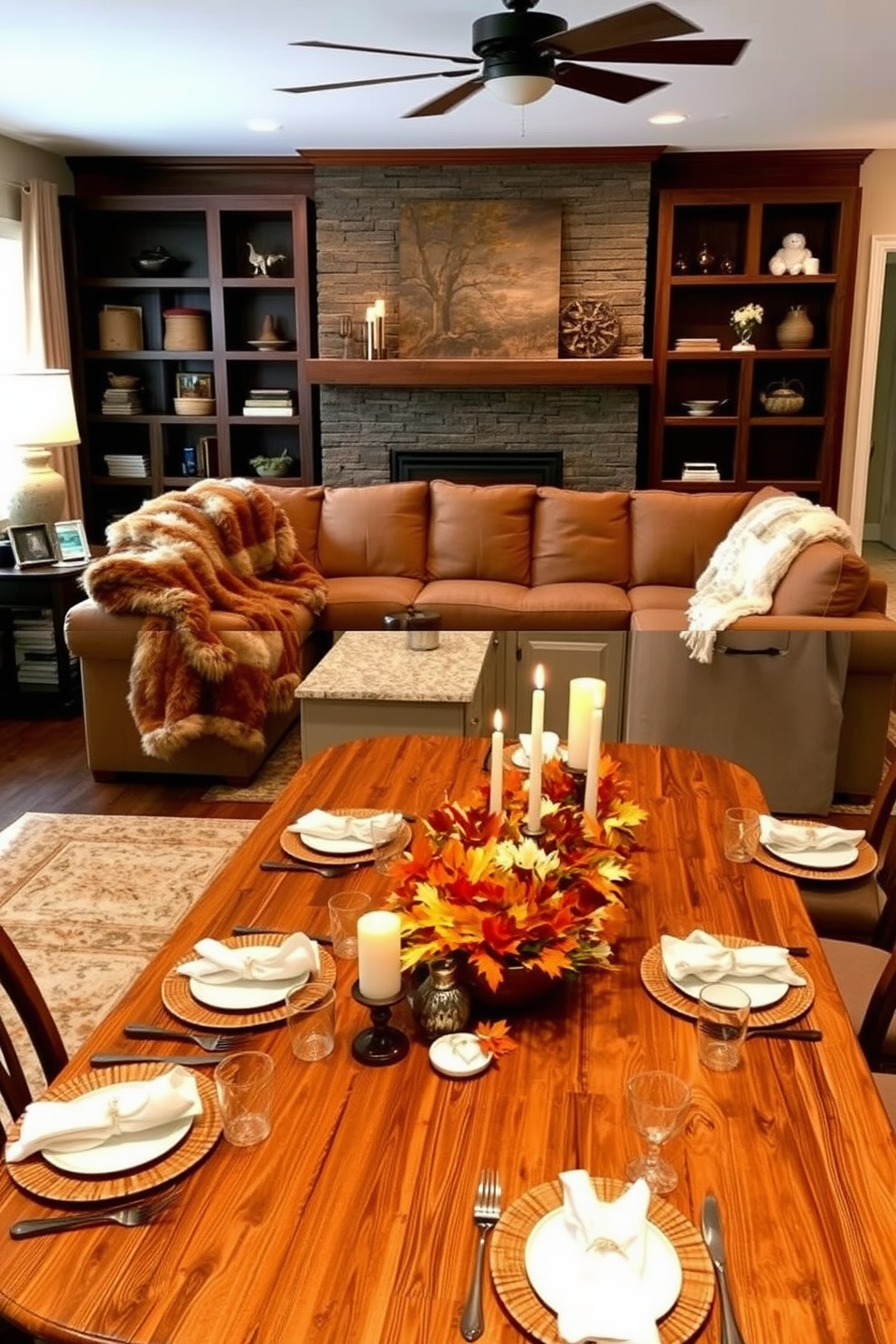 A cozy living room adorned with faux fur throw blankets draped over a plush sectional sofa. The warm tones of the blankets complement the rich wooden accents and soft ambient lighting, creating an inviting atmosphere. A festive dining area decorated for Thanksgiving with a rustic wooden table set for a feast. Centerpieces of autumn leaves and candles enhance the seasonal charm, while elegant place settings invite guests to gather around.