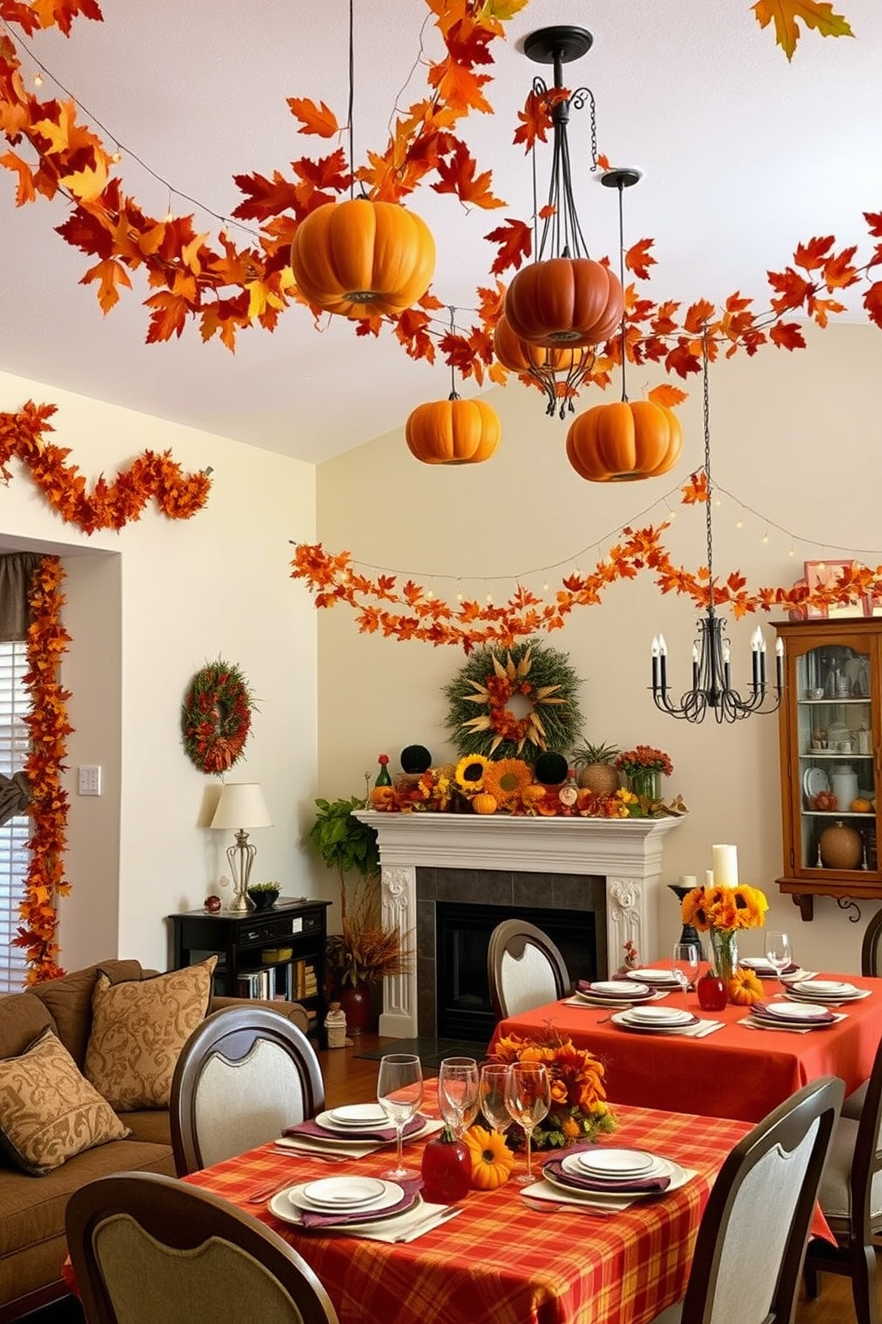 A cozy living room adorned with hanging decorations in rich autumn colors. The walls are draped with warm-toned garlands of leaves, and clusters of small pumpkins are suspended from the ceiling. A festive dining area featuring a beautifully set table for Thanksgiving. The table is decorated with a vibrant tablecloth, and above it, strings of twinkling lights and autumn leaves create a warm, inviting atmosphere.